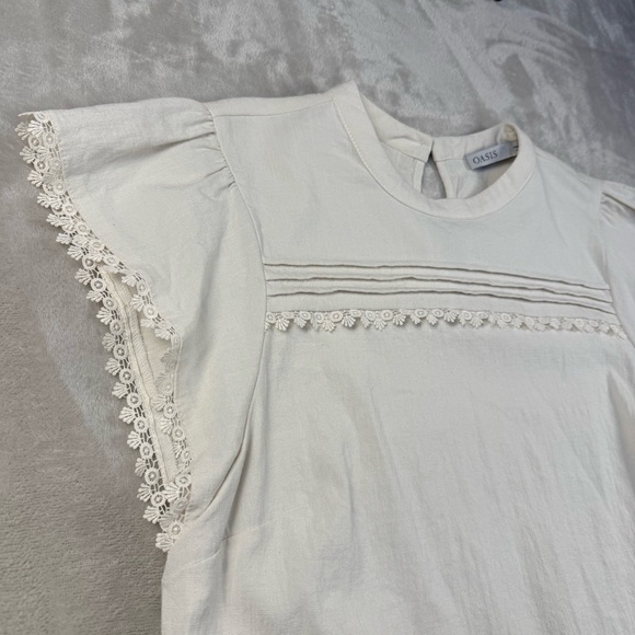 Oasis Ivory Lace Trim Flutter Sleeve Blouse | Size UK 12 / US 8 Cottagecore - Picture 2 of 9